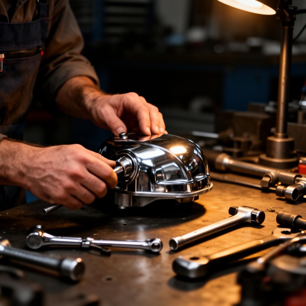 Technician installing chrome RV accessory part