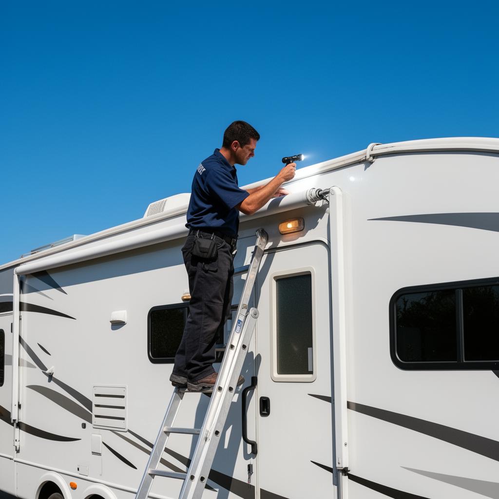 RV technician inspecting roof seals on travel trailer
